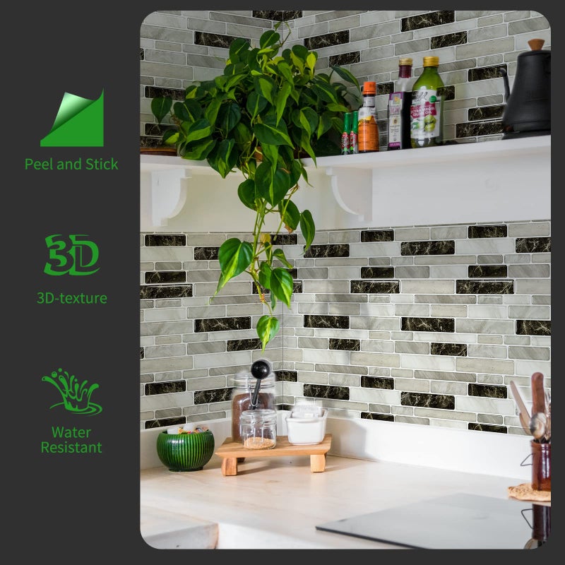 LONGKING Self-Adhesive Kitchen Backsplash, Marble Look Decorative Tiles (10 Tiles) (Light Brown) - Image 2